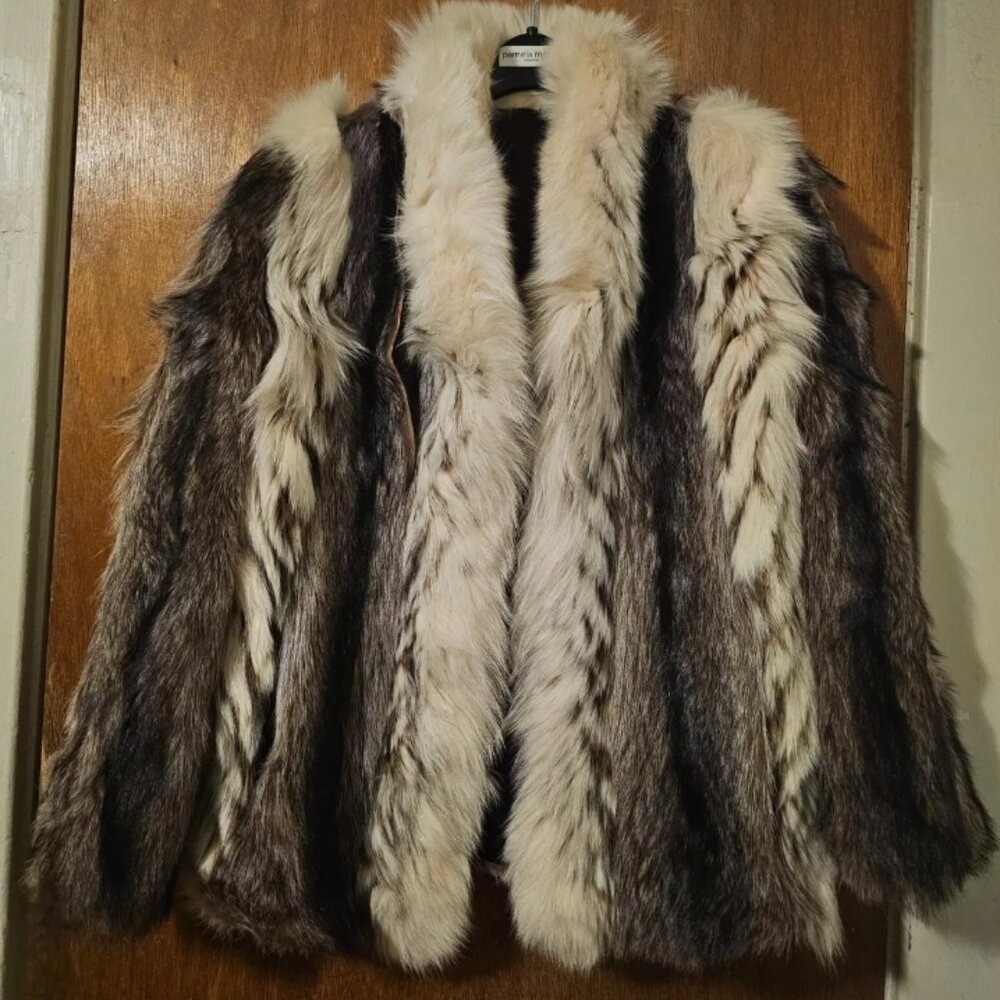Vintage Raccoon and Arctic White with Black and Gold Chevron Tipping Fox Coat